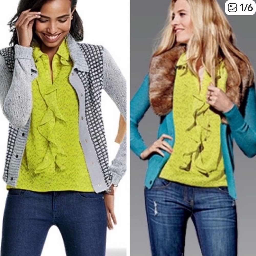 Cabi #3071 Reign Blouse Women's Yellow Ruffle Button Front Sleeveless XL